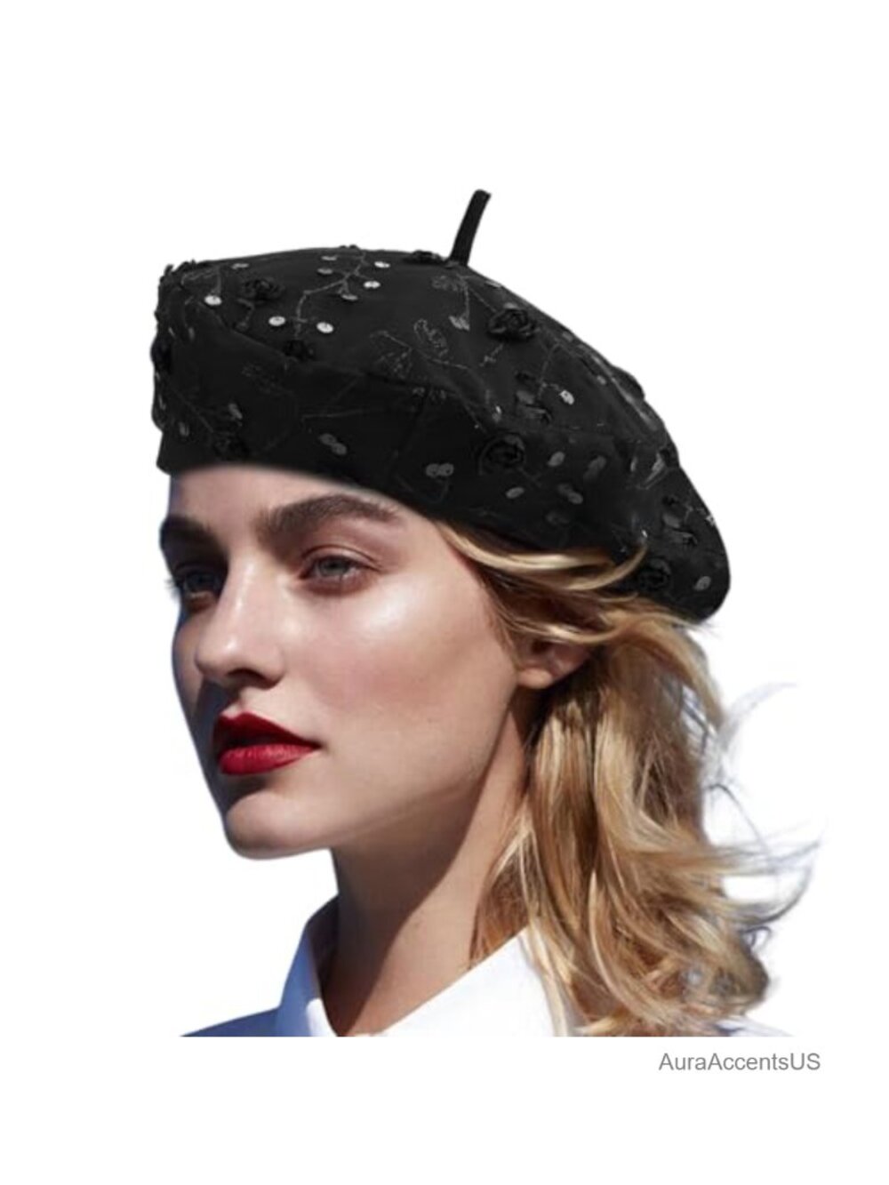 Lace Beret Hat Sequin French Style Lightweight Adjustable Beanie Artist Cap